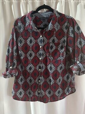 Tommy Hilfiger Navy and Red Geometric Button-Up Shirt